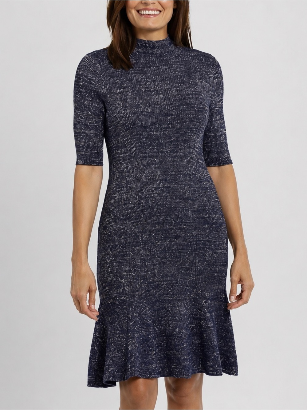 🆕🪻London Times Navy Silver Metallic Knit Midi Sweater Dress XL Stretch Party